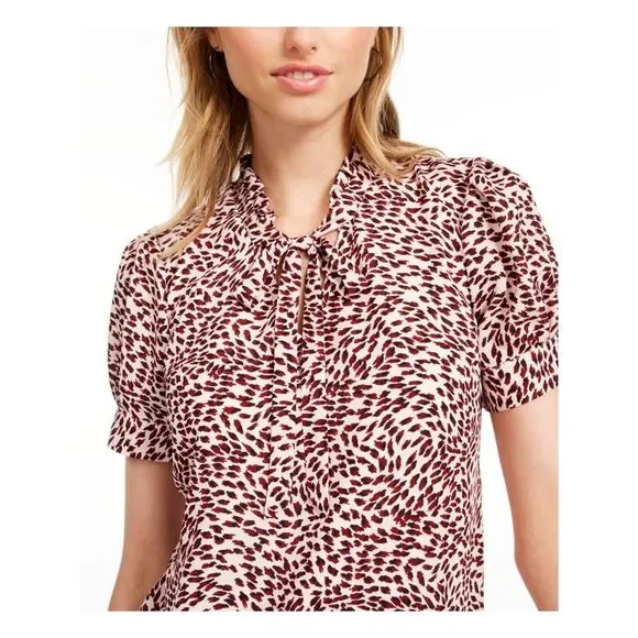 MAISON JULES Womens Pink Ruffled Printed Pouf Sleeve Tie Neck Blouse XXS - Picture 3 of 4